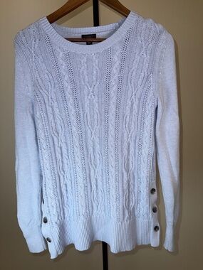 Ann Taylor Factory Light Blue Cable Knit Crewneck Sweater with Side Buttons